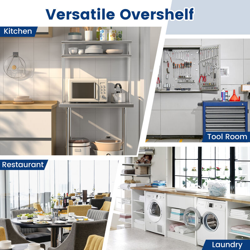 36 x 12 Inch Kitchen Stainless Steel Overshelf with Adjustable Lower Shelf