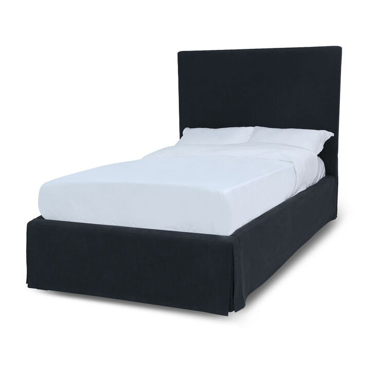 Cove Upholstered King Size Skirted Panel Bed with Storage, Black - Benzara
