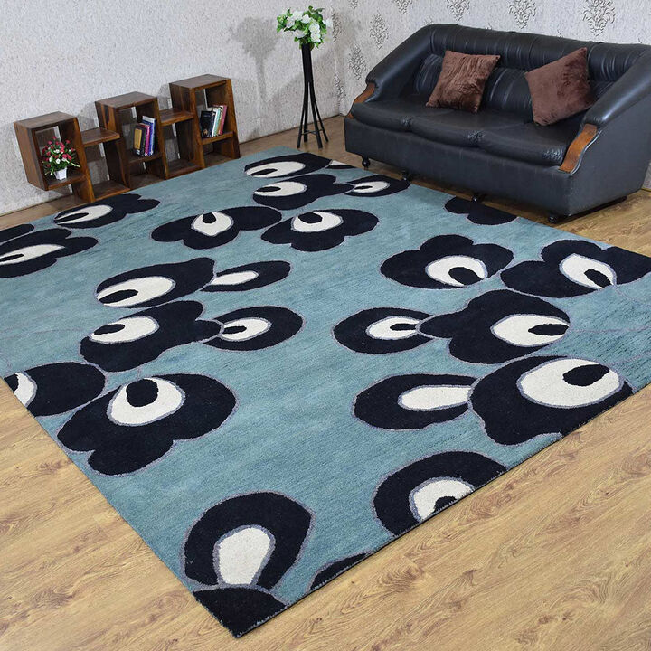 RUGSOTIC CARPETS HAND TUFTED WOOL ECO-FRIENDLY AREA RUGS  - 8'x11', Rectangle Shape, Blue, Floral Modern Design, High Pile Thick Handmade Anti Skid Area Rugs for Living Room, Bed Room (K00718)