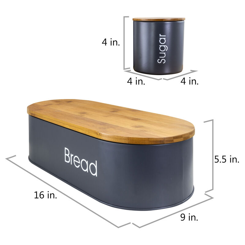 MegaChef Bamboo Kitchen Countertop 4 Piece Metal Bread Basket and Canister Set in Gray with Lids