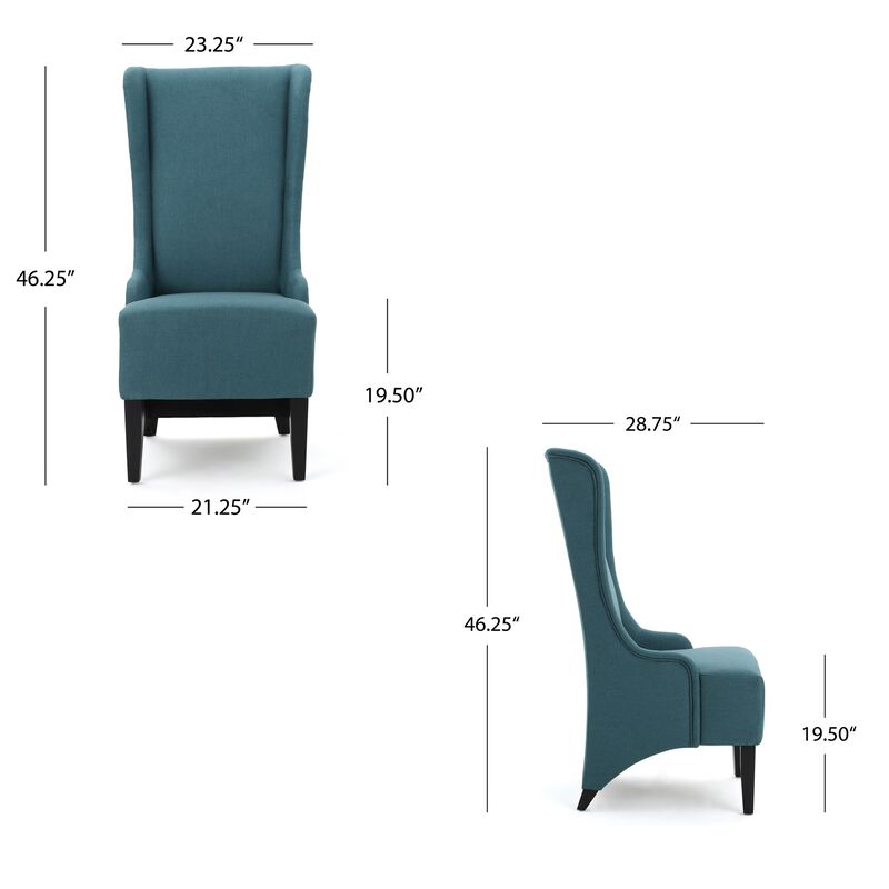Becca Dining Chair, High Wingback Dark Brown Birch Wood, Teal Fabric  - Benzara