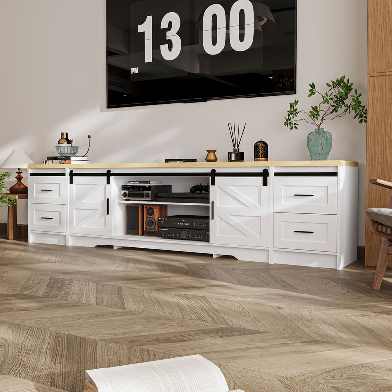 FUFU&GAGA Barn Door Style TV Cabinet with 4 Drawers and 2 Cabinets (94.5" W x 15.7" D x 23.6" H),White & Natural Wood