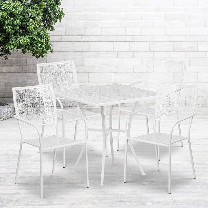 Flash Furniture Oia Commercial Grade 28" Square White Indoor-Outdoor Steel Patio Table Set with 4 Square Back Chairs