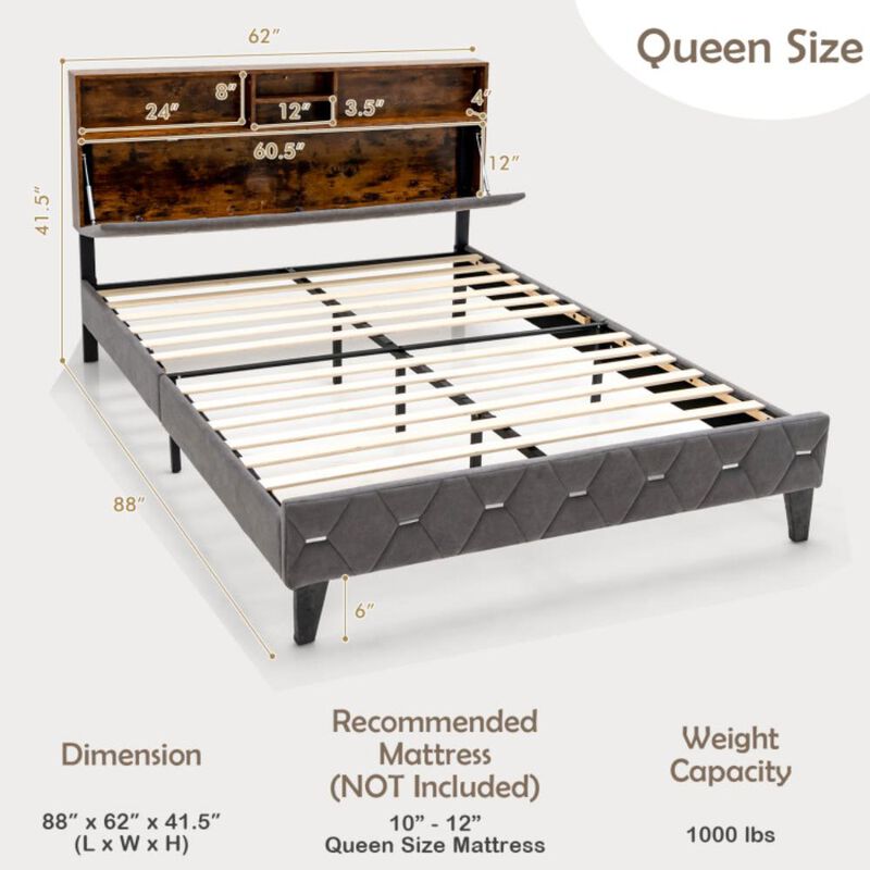 Hivvago Upholstered Bed Frame with Storage Headboard