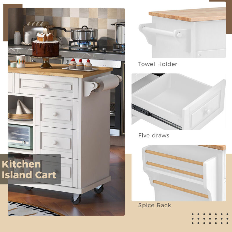 Streamdale Rolling Kitchen Cart With Rubber Wood Desktop And 5 Draws