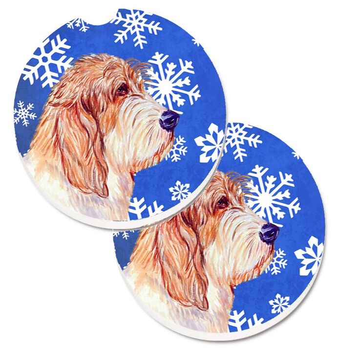 Caroline's Treasures Petit Basset Griffon Vendeen Winter Snowflakes Holiday Set of 2 Cup Holder Car Coasters LH9307CARC, 2.56, Multicolor