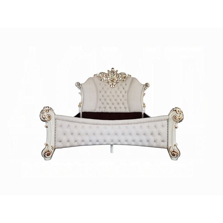 Antoine King Size Bed, Ivory Faux Leather Victorian Carved Pearl White - Benzara