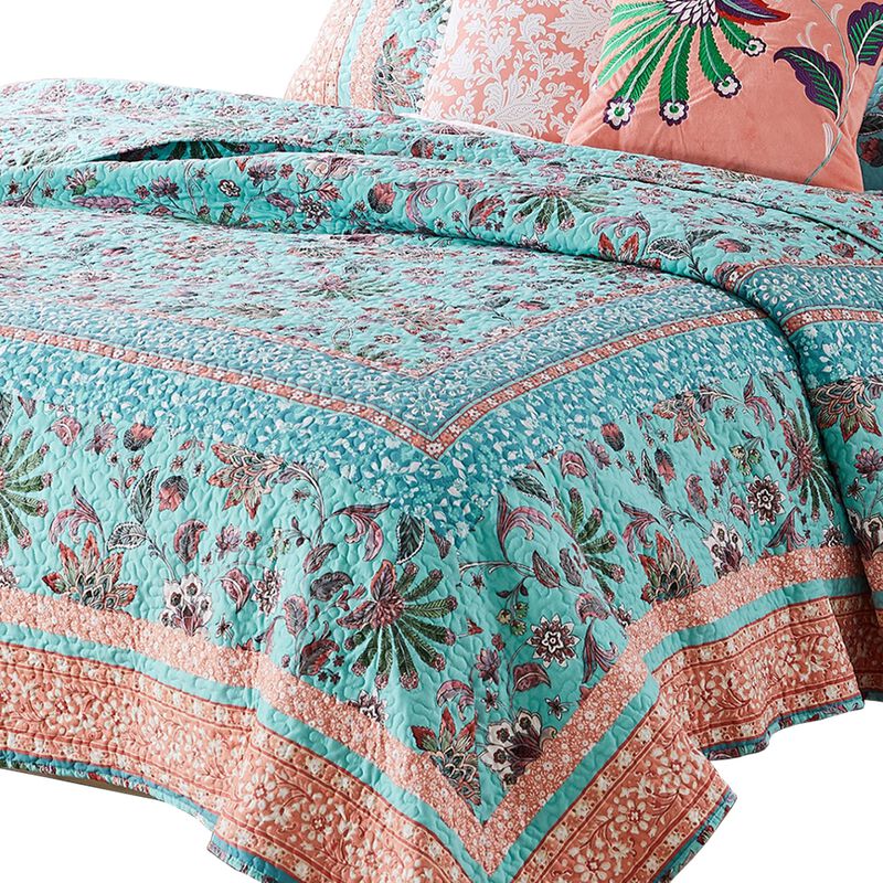 3 Piece Full Queen Quilt Set with Floral Print, Blue and White - Benzara