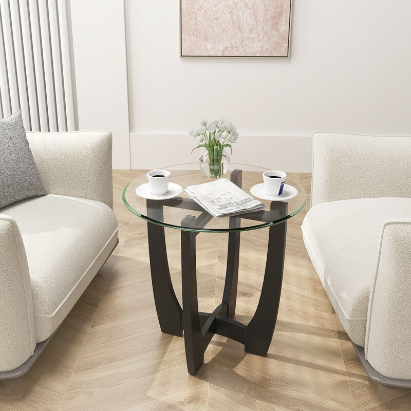 Round End Side Table with Tempered Glass Top for Living Room or Bedroom