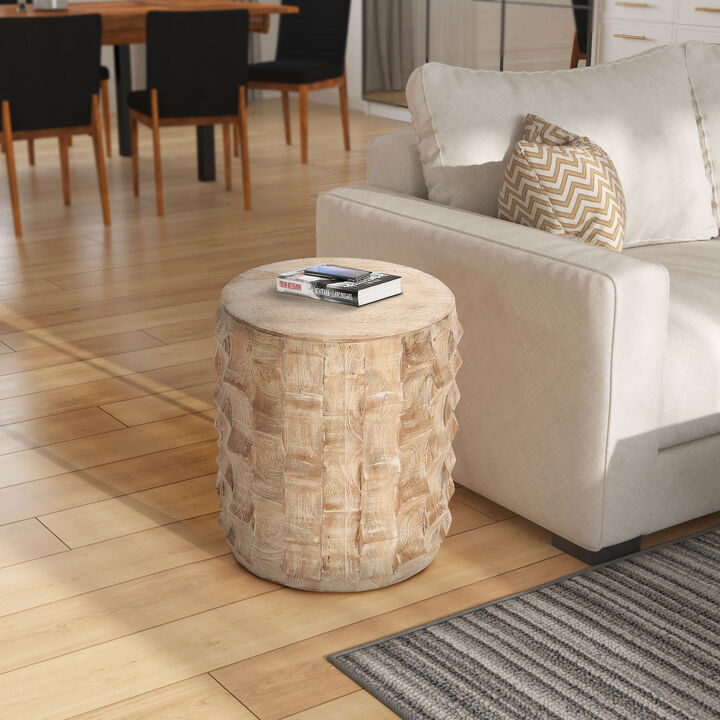 20 Inch Side End Table, Round Drum Shape with 3D Textured Design, Distressed White Finish - Benzara