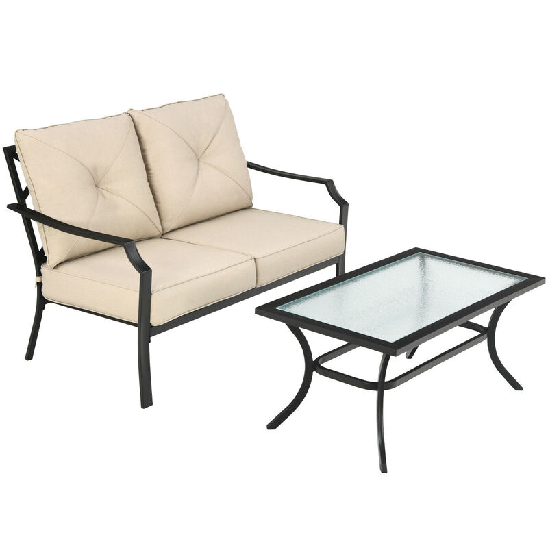 2-Piece Patio Outdoor Cushioned Sofa Bench with Coffee Table for Garden and Backyard Relaxation