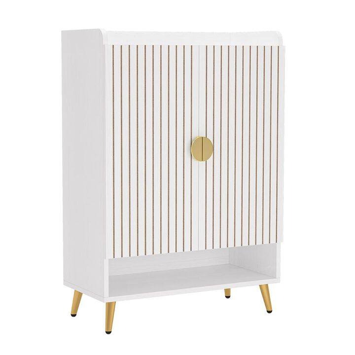 Shoe Cabinet, 2 Doors, 6 Tier Shelves, Gold Metal, White 43 Inch - Benzara