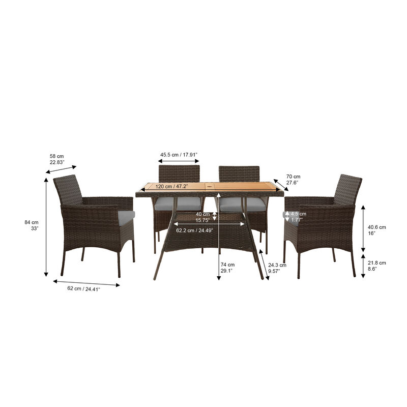 Teamson Home Outdoor 5-Piece Rattan and Acacia Wood Patio Dining Set, Brown