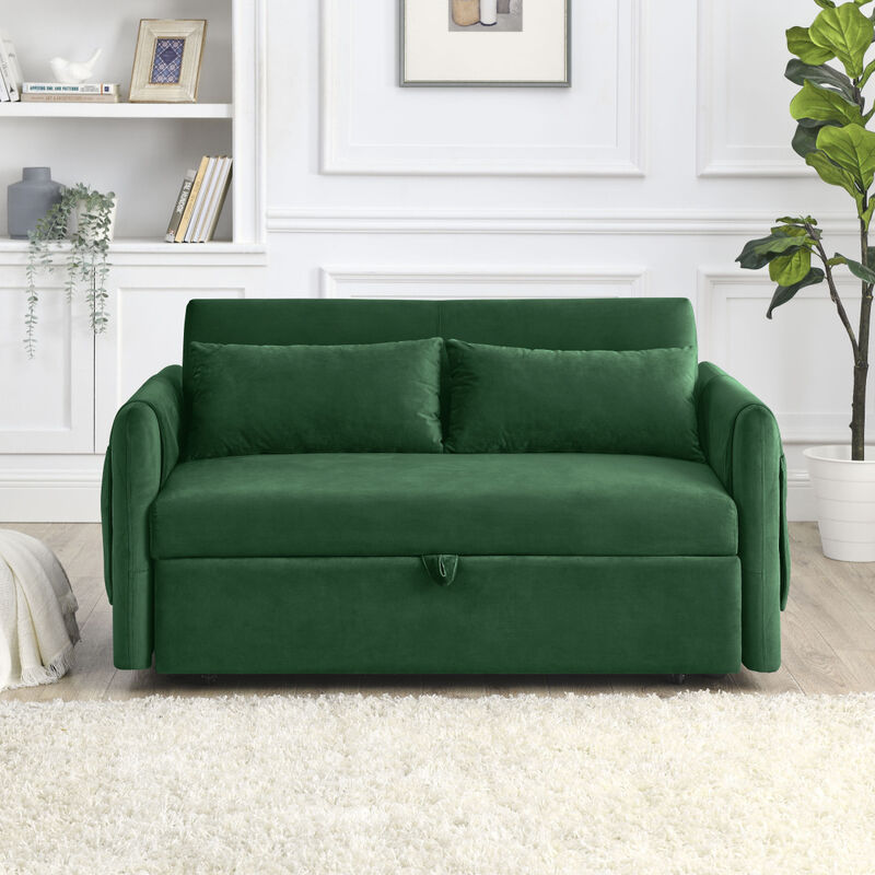 55" Modern Convertible Sofa Bed With 2 Detachable Arm Pockets, Velvet Loveseat Sofa With Pull Out