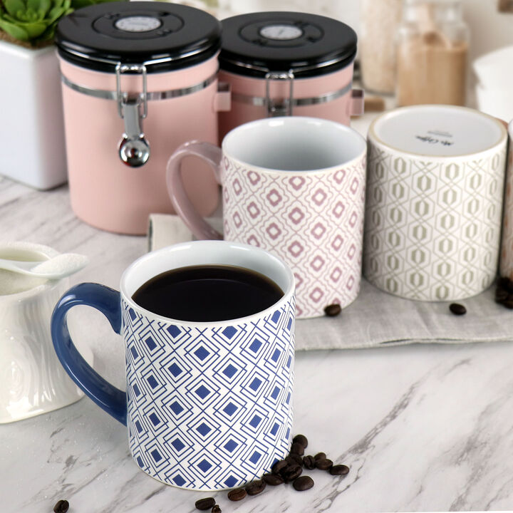 Mr. Coffee Bliss 4 Piece 20oz Can Shaped Stoneware Mug Set in Assorted Colors and Patterns