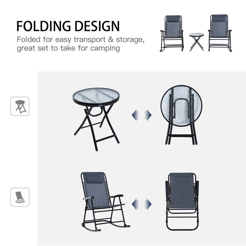 Grey Patio Chat Set: 3-Piece Folding Rocking Chairs with Glass Table