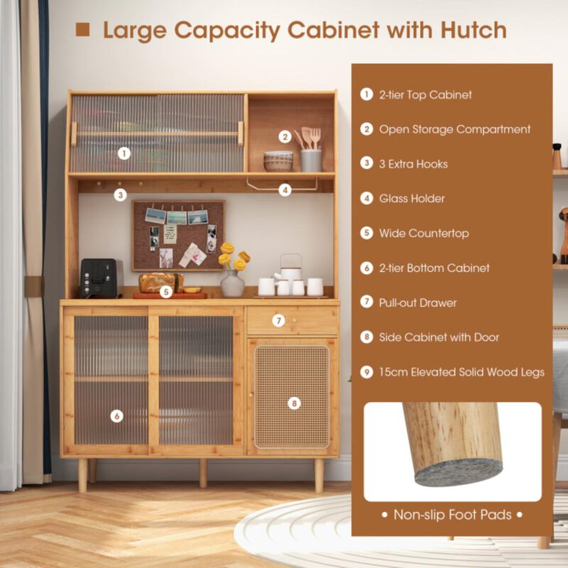 Hivvago 69 Inch Wine Bar Kitchen Cabinet with Sliding Tempered Glass and Rattan Door-Natural