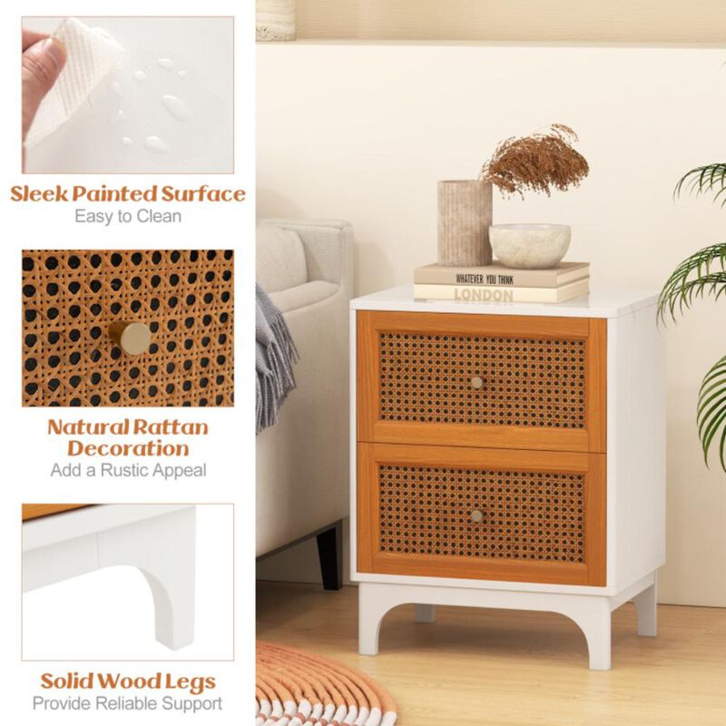 Hivvago Boho Accent Table Nightstand with 2 Handwoven Rattan Decorated Drawers-White