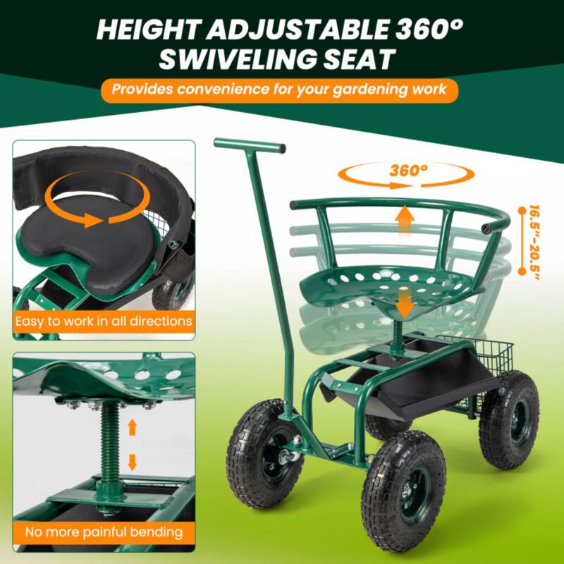 Hivvago Rolling Garden Cart with Height Adjustable Swivel Seat and Storage Basket-Green