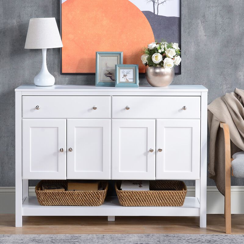 Modern White Buffet: Dining Room Storage with Metal Hinges