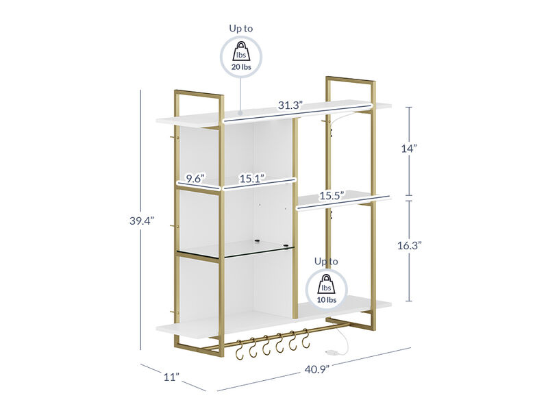 BELLEZE Floating Shelves for Wall with Lights, 40" LED Wall Mounted floating Shelves for Bathroom, Kitchen, Bedroom, Hanging Display Rack Bookshelf with 6 Hooks, Floating Bar Shelves Gaming Room Decor