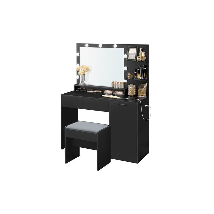 Vanity Desk with Mirror and Lights, Makeup Vanity with Upholstered Vanity Stool