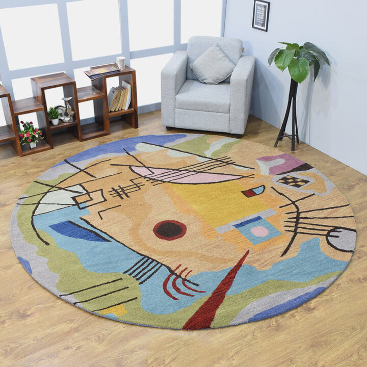 RUGSOTIC CARPETS HAND TUFTED WOOL ECO-FRIENDLY AREA RUGS  - 8'x8', Round Shape, Multicolor, Geometric Modern Design, High Pile  Handmade Anti Skid Area Rugs for Living Room, Bed Room (K00S16)
