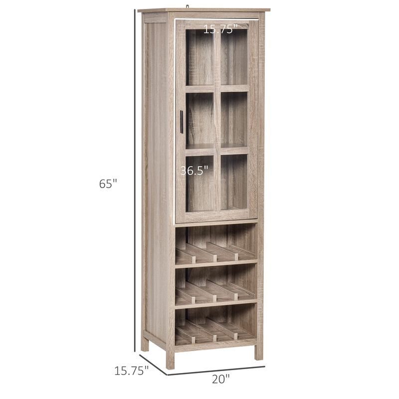 Grey Oak Bar Cabinet: Tall Wine Display with Glass Door and Storage