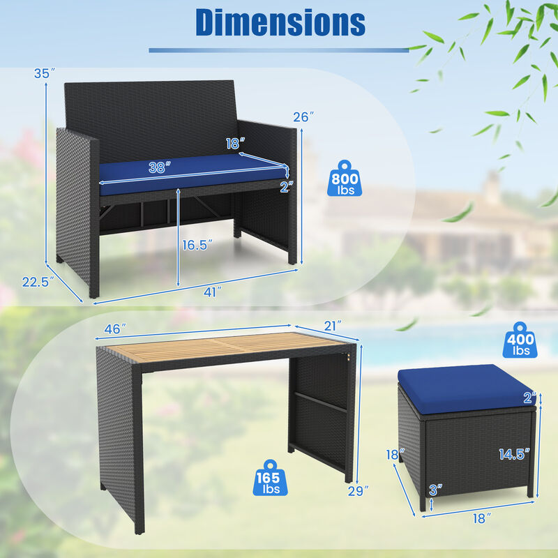 4 Piece Outdoor Dining Set with Wood Topped Dining Table  Rattan Loveseat Chair and 2 Ottomans