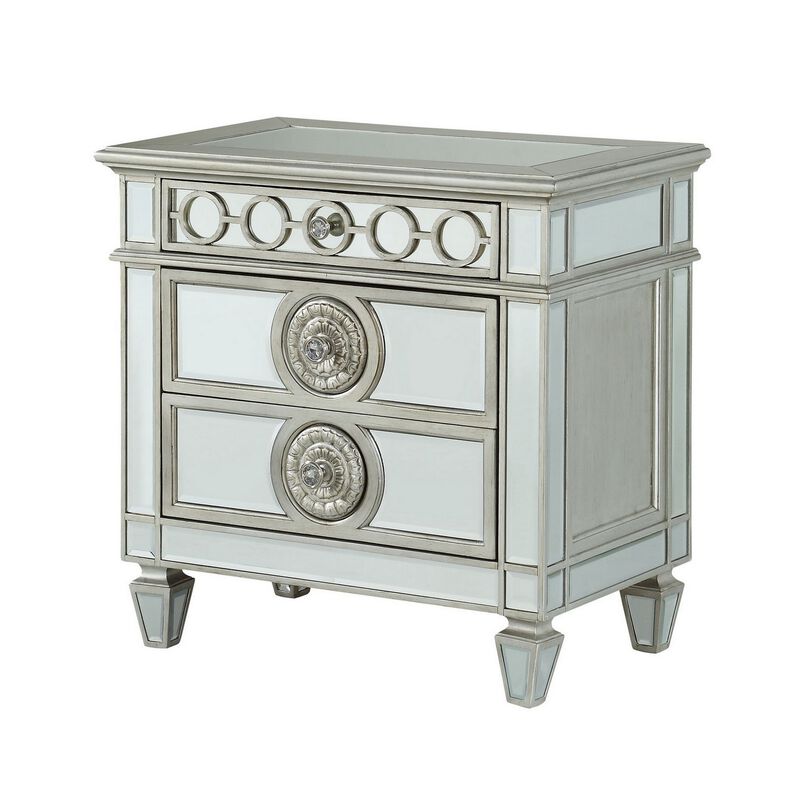 Mirror Accented Wooden Nightstand with 3 Storage Drawers, Silver-Benzara