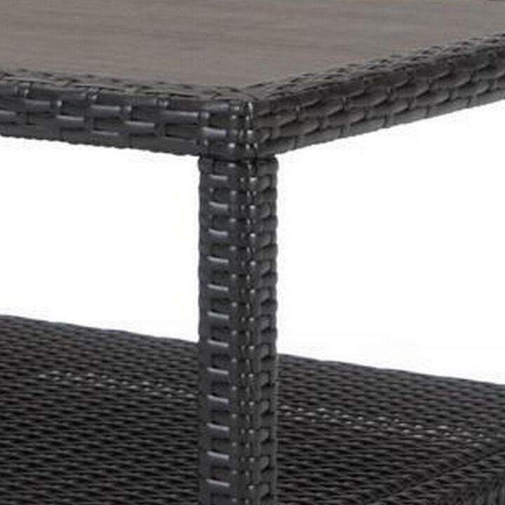 Coco 46 Inch Modern Patio Coffee Table with Shelf, Wicker Frame, Espresso-Benzara