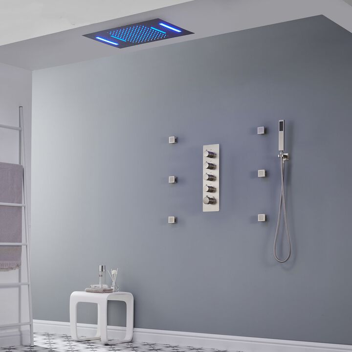 Mondawe 64 Colors LED Light and Music 3 Functions 4 Sprays Flush Ceiling Mounted Thermostatic Shower System with 6 Body Jets and Rough-in Valve in Titanium Gold