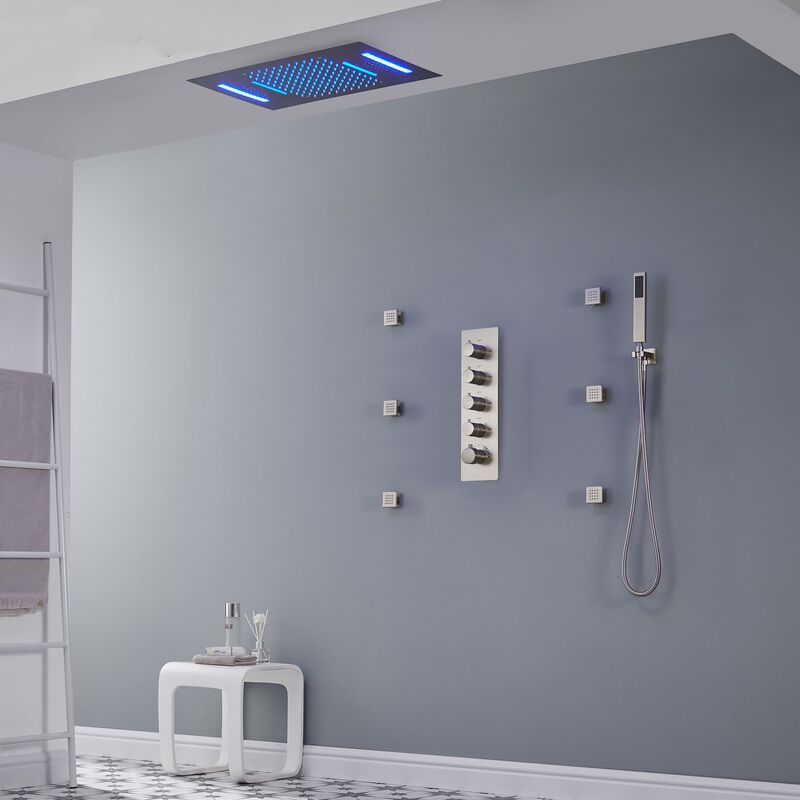 Mondawe 64 Colors LED Light and Music 3 Functions 4 Sprays Flush Ceiling Mounted Thermostatic Shower System with 6 Body Jets and Rough-in Valve in Titanium Gold