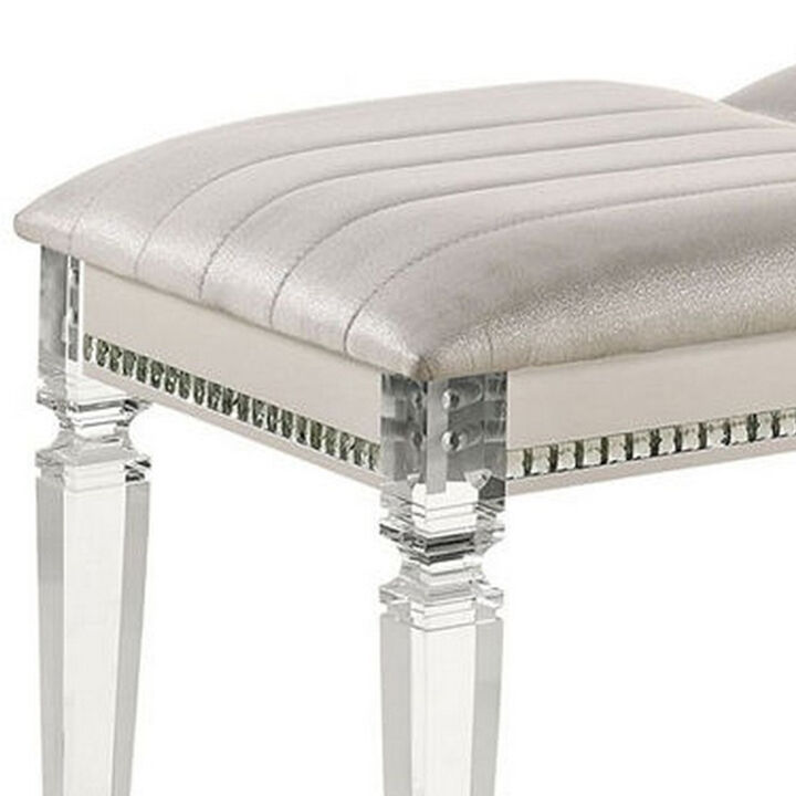 Tufted Leatherette Seater Wooden Bench with Mirror Accents, White-Benzara
