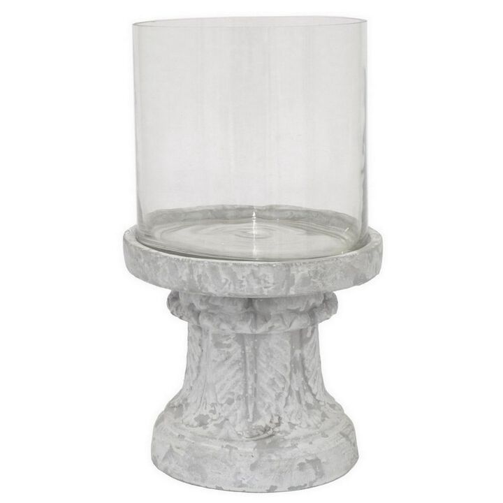 Kris Candle Holder, Hurricane Glass Top, White Gray Ceramic 14 Inch - Benzara