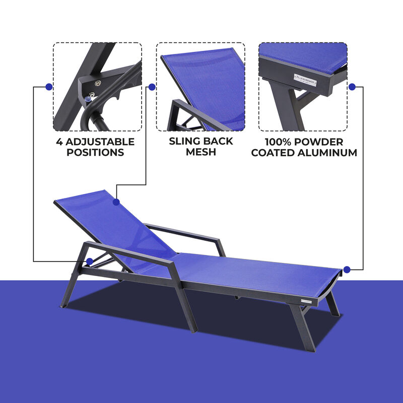 LeisureMod Marlin Patio Chaise Lounge Chair with Armrests – Black Aluminum Frame & Navy Blue Mesh for Outdoor Comfort