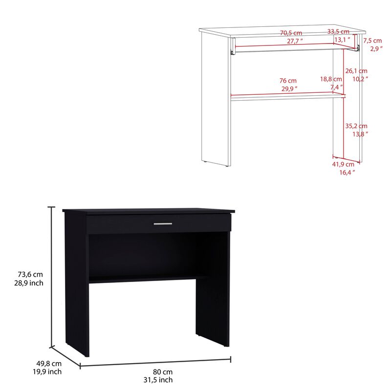 80 C Storage Desk, Compact Workstation with Drawer and Lower Shelf-Black