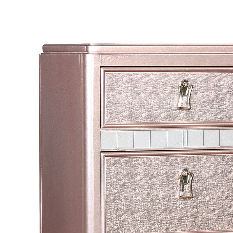 Wooden Frame 5 Drawer Swivel Chest with Mirror Trim, Rose Gold-Benzara
