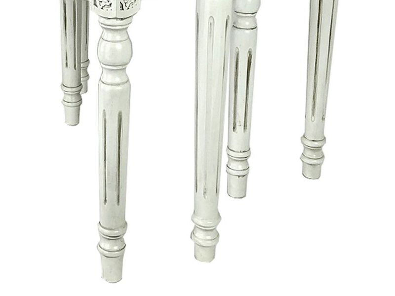 Elegantly Engraved Wooden Frame Nesting Table, Set of 2, Antique White - Benzara