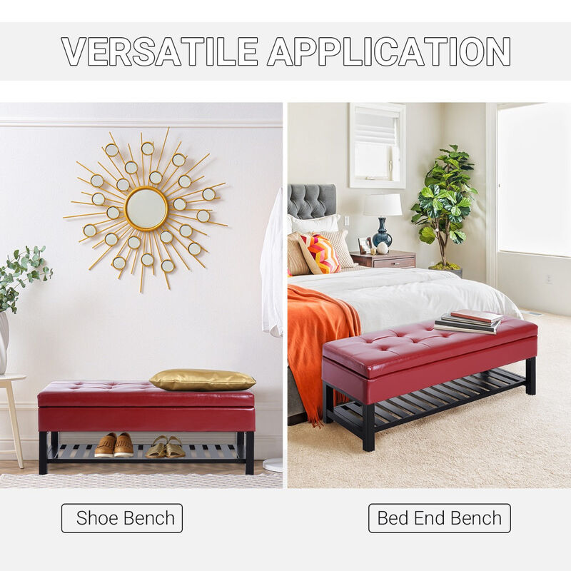 Bold Storage Solution: 44" Crimson Faux Leather Tufted Ottoman Bench
