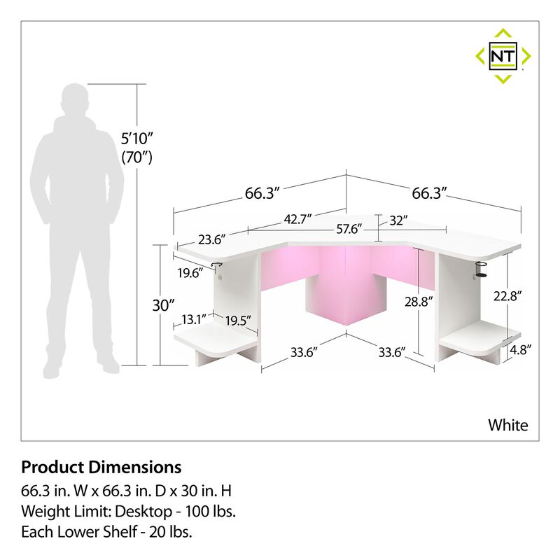 Mod Corner Gaming Desk with LED Light Kit, White
