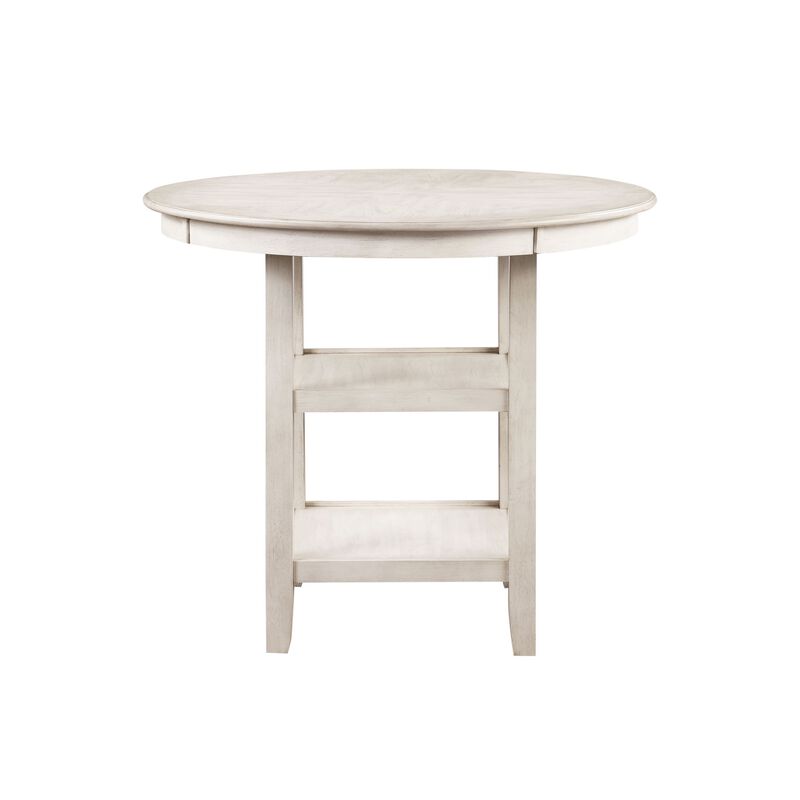 Aine 5 Piece Round Counter Dining Table, Chair Set, White Wood, Fabric Seat - Benzara
