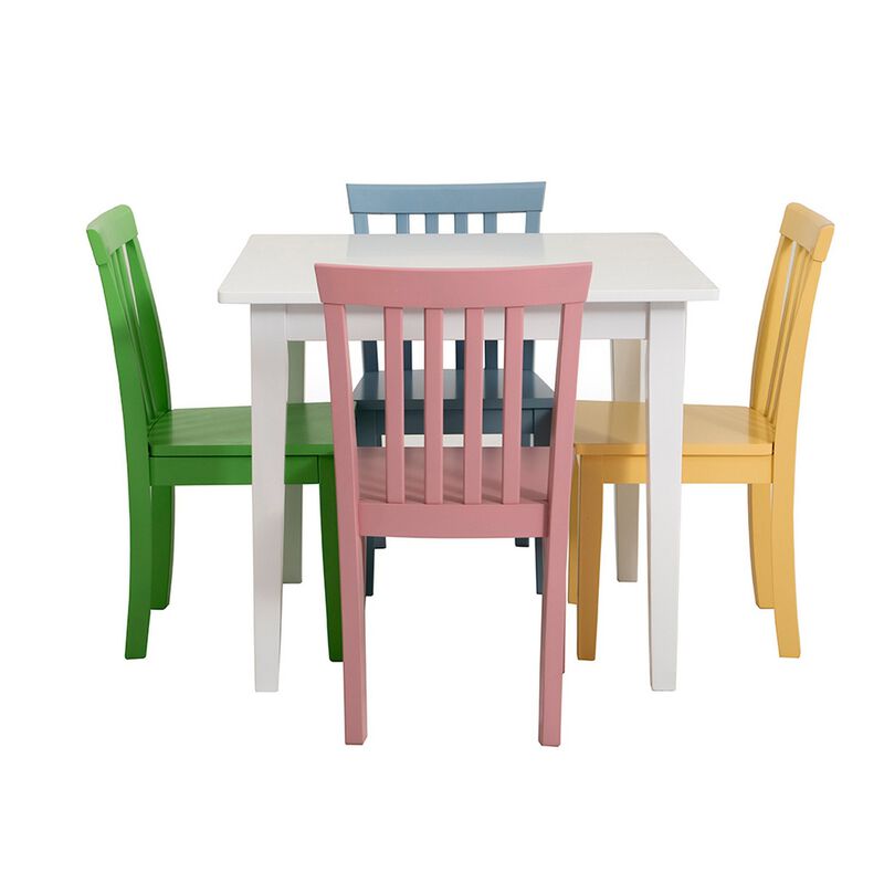 Reyi 5pc Kids Childrens Dining Table and 4 Chair Set, Colorful Wood - Benzara