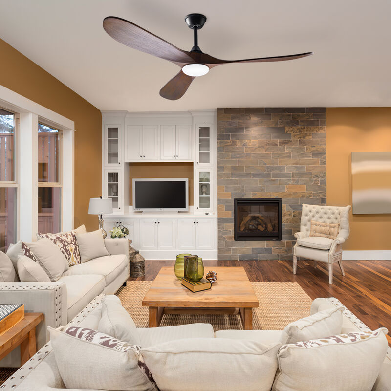 60 in. Integrated LED Indoor Brown Wood Ceiling Fan with Light Kit, 3 Wood Blades, Remote Control, 6-Speed Adjustable