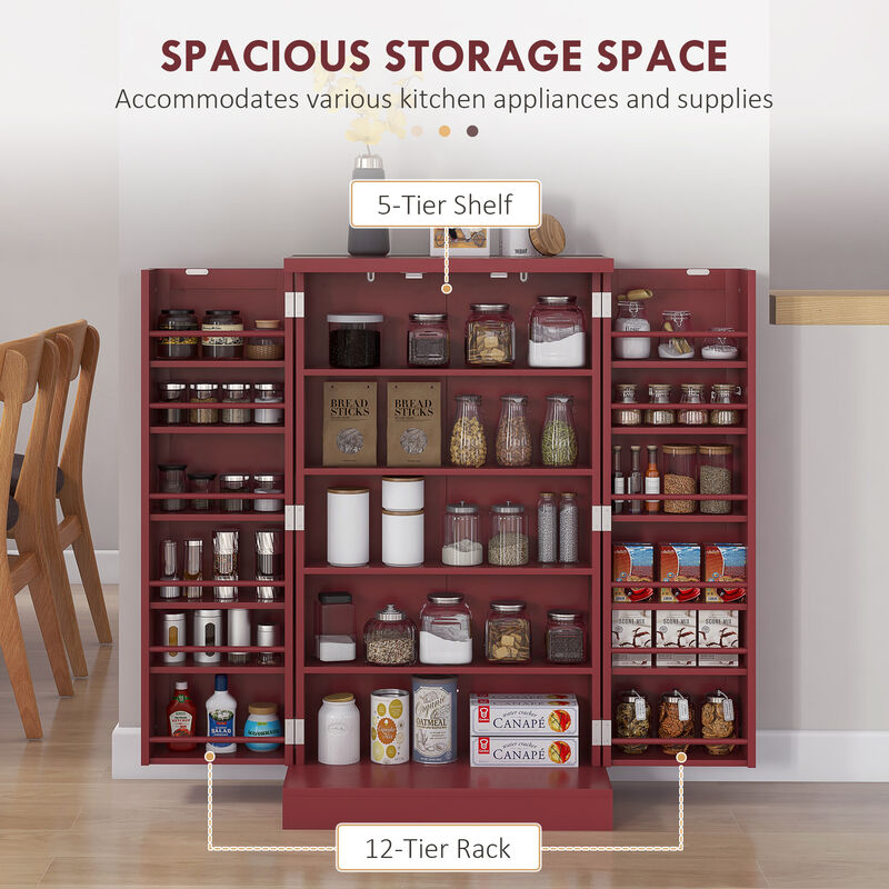 HOMCOM 41" Kitchen Pantry with 12 Spice Racks and Adjustable Shelves Red