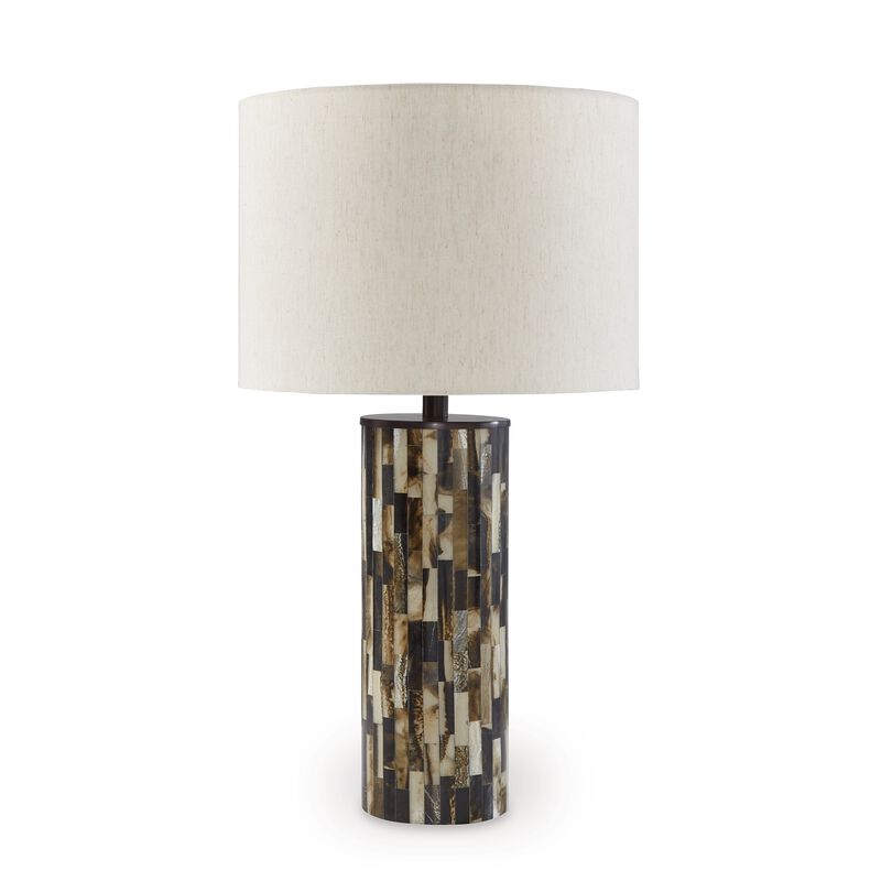 Foer 27 Inch Table Lamp, Cream Drum Fabric Shade, Black Brown Resin Base - Benzara
