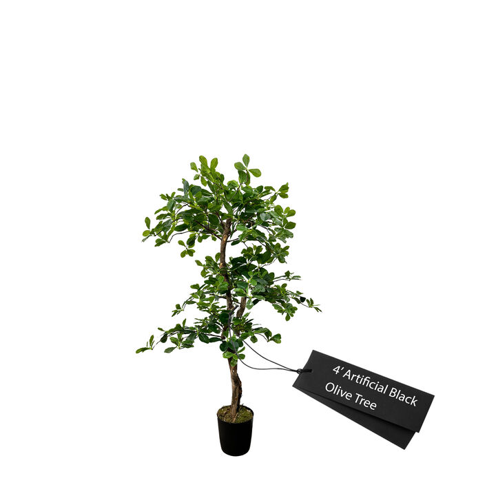 Handmade 4' Artificial 3-Tier Black Olive Tree In Home Basics Plastic Pot Made with Real Wood and Moss Accents