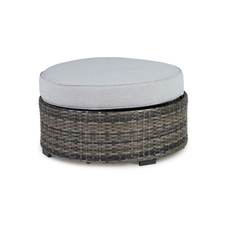 Saki 32 Inch Outdoor Ottoman, Round Cushion, Wicker, Light Gray Fabric - Benzara