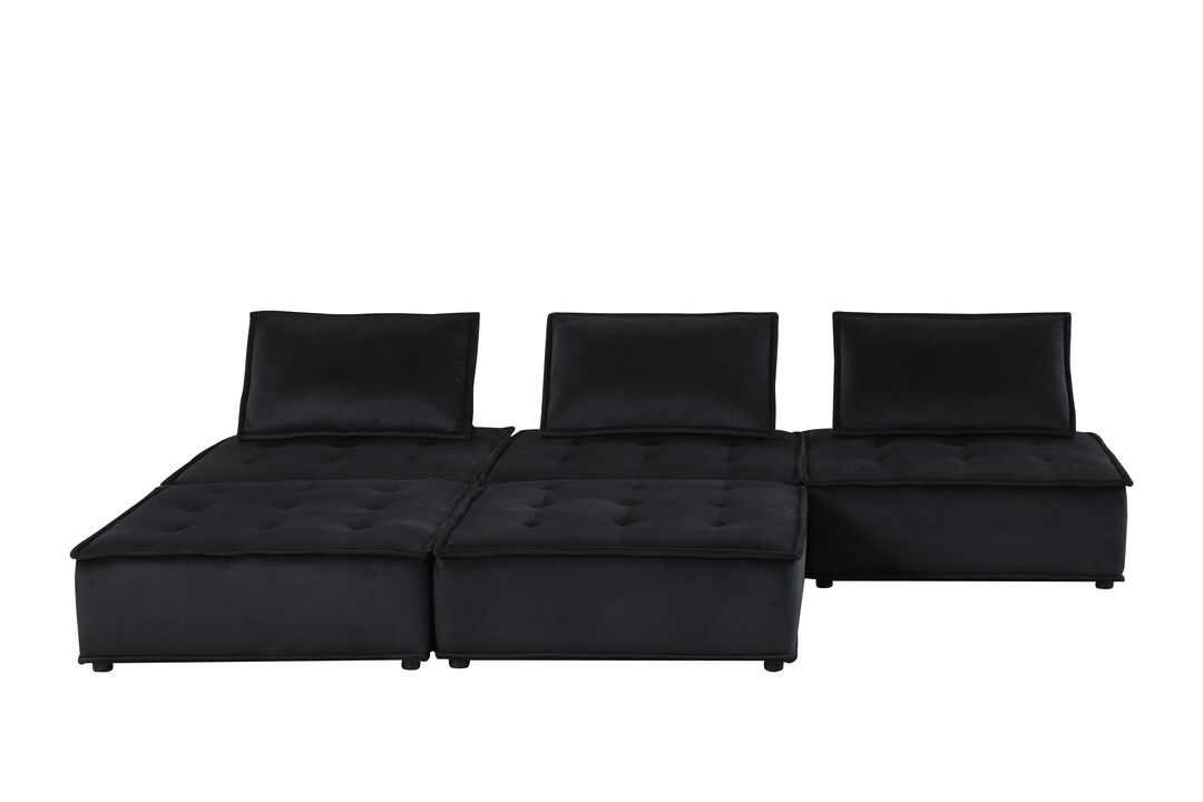 Anna Black Velvet 5 Piece Sectional Sofa Ottoman