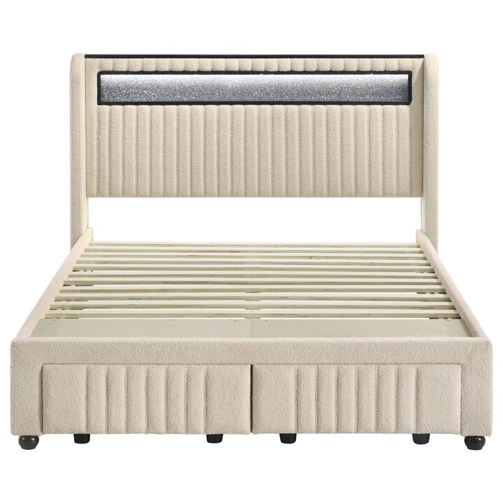 Madie Full Platform Bed, LED and Storage, Cream Channel Tufted Boucle - Benzara